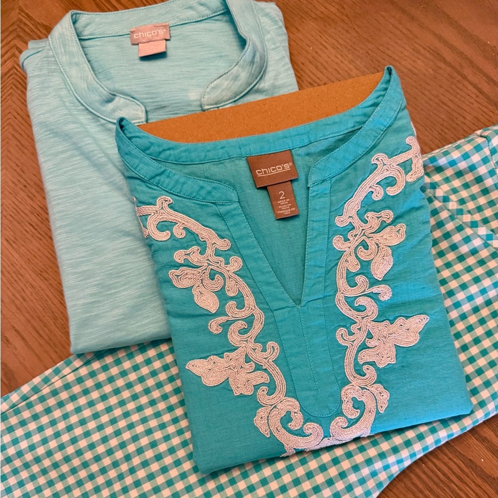 Chico's Turquoise Embroidered Blouse, Sleeveless Tunic and Gingham Pants Set - Picture 11 of 11